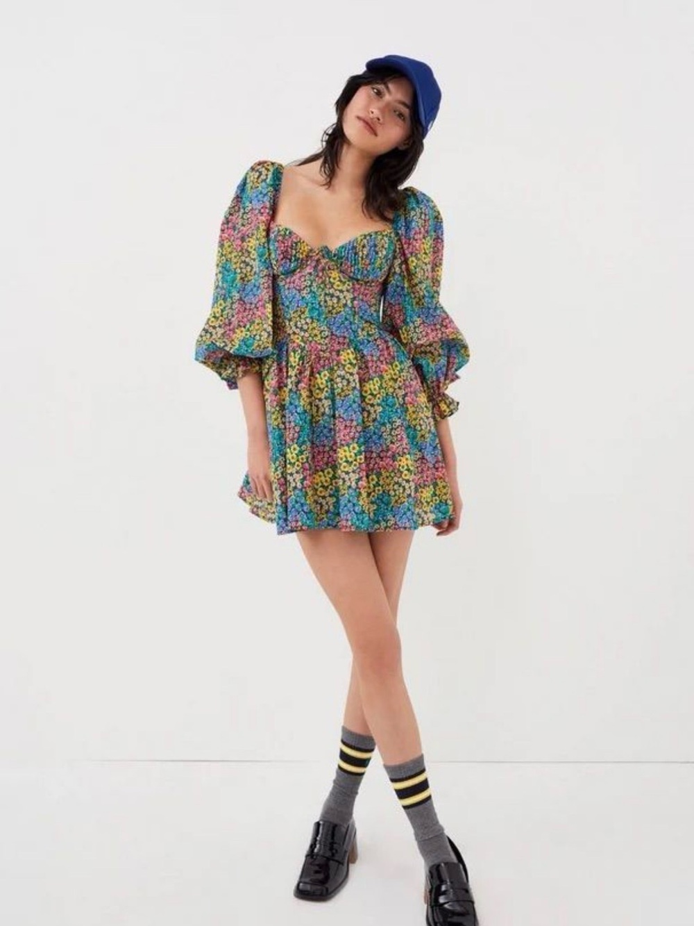 For Love & Lemons Blue Floral Puff-Sleeve Mini Dress